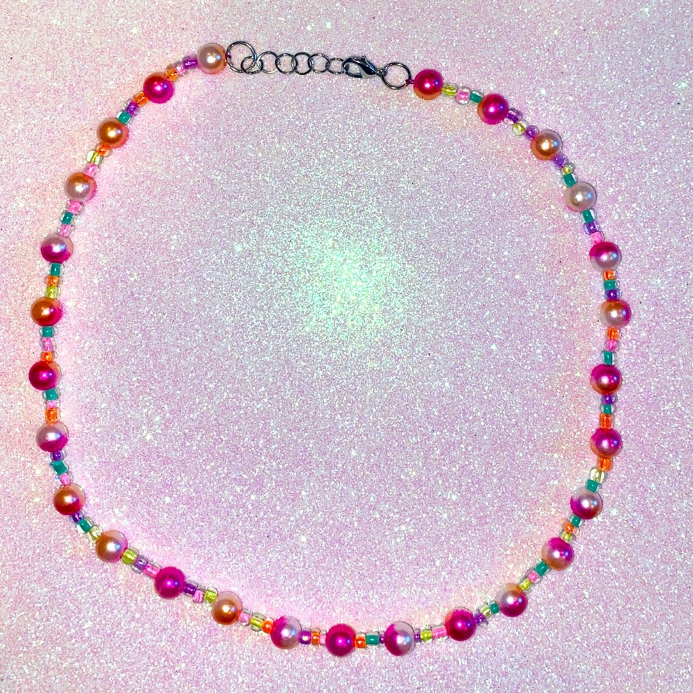 Trendy Pink Pearl Beaded Necklace Lobster Claw Cute Hippy Classy Y2K